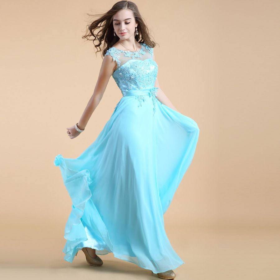 Sexy High Neck See Through Beaded Prom Dresses Elegant Blue See Through Chiffon Prom Gown Dress Celebrity High Quality Formal