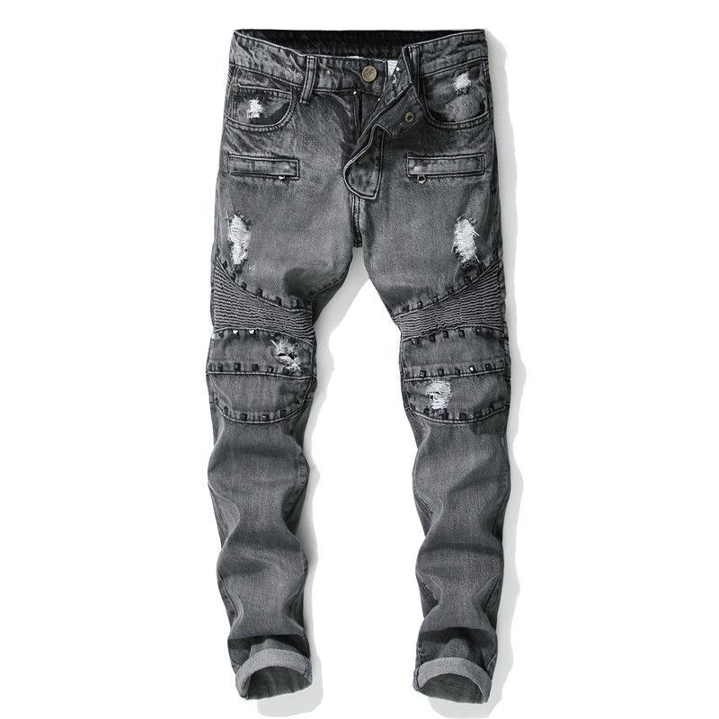 Hot-selling man's moto style ripped slim fit denim jeans for wholesale