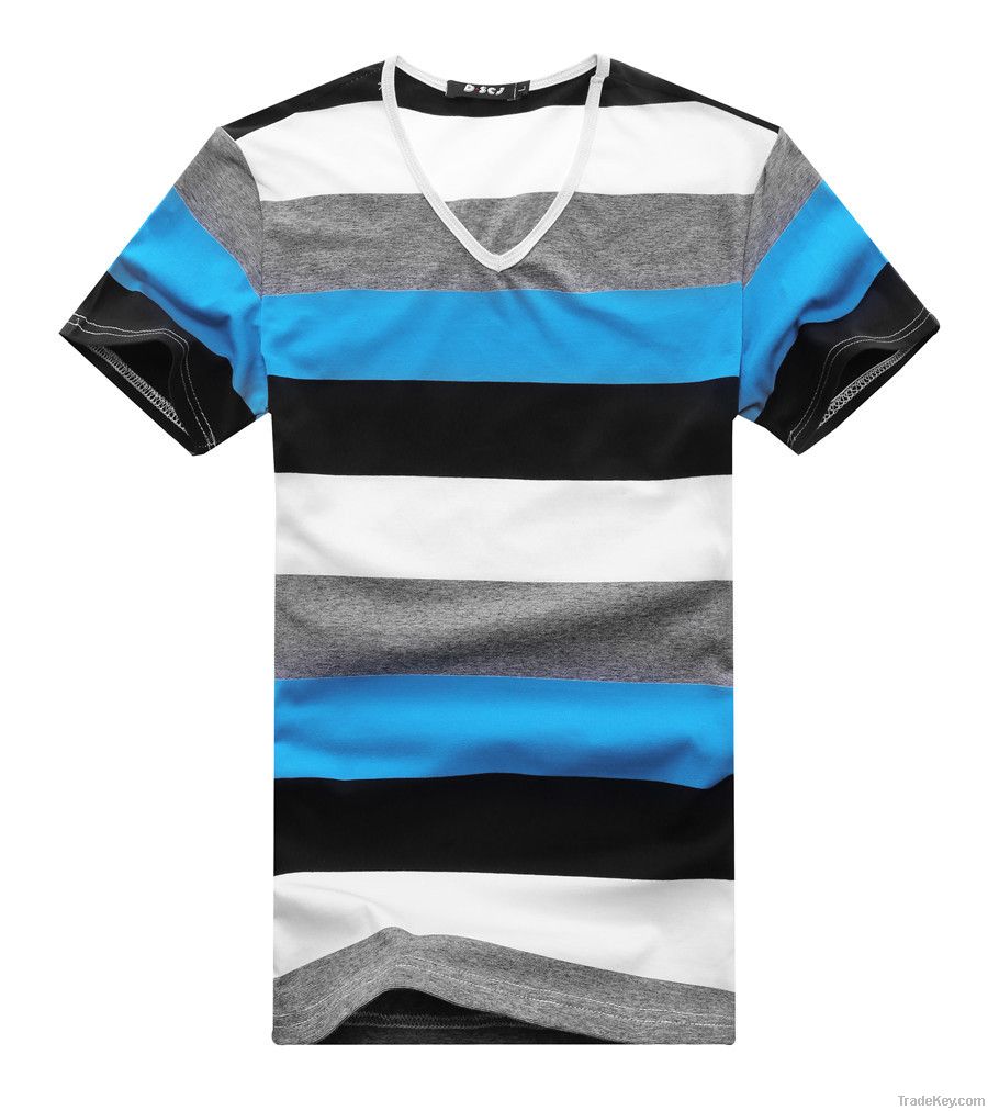 Fashion men's cotton lycra v-neck stripe T-shirt with short sleeves