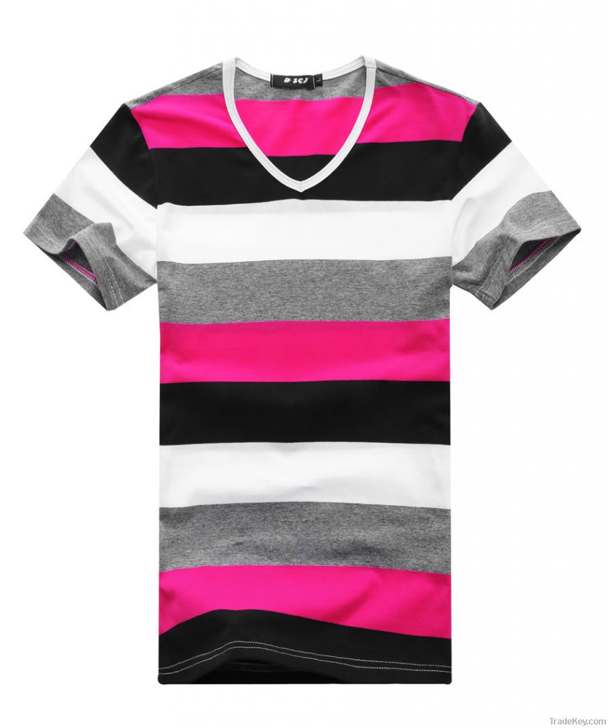 Fashion men's cotton lycra v-neck stripe T-shirt with short sleeves