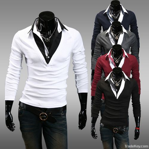 Long Sleeve Collar T-shirt (Free Shipping! Men#039s Wear Fake Two Piece) 