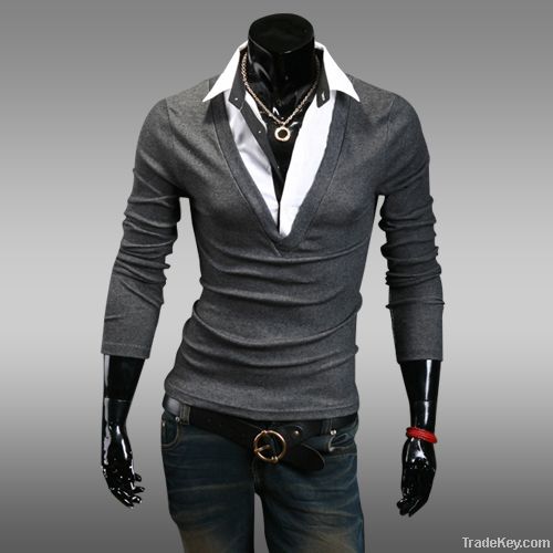 Long Sleeve Collar T-shirt (Free Shipping! Men#039s Wear Fake Two Piece) 