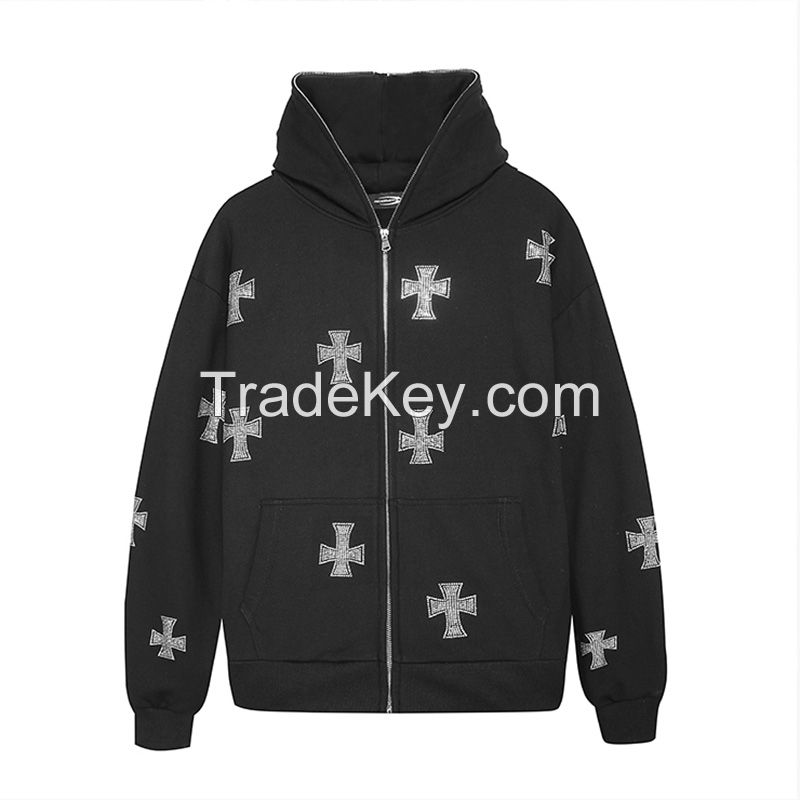 Custom LOGO Wholesale Full Face Zip Up Blank Rhinestone Men Sweater Jacket Coat Men's Zip Hoodie With Zipper