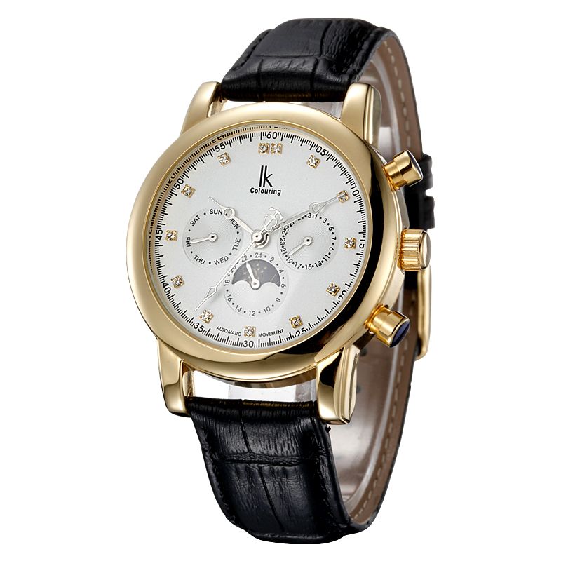 Automatic mechanical Wrist Calendar Genuine Leather Gold Big Dial Dress watch for men