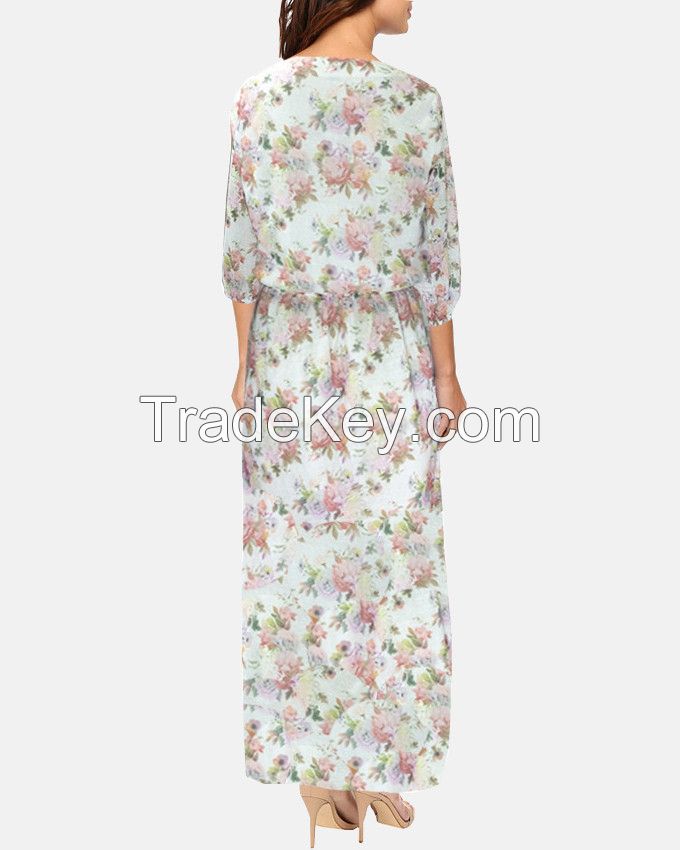 Floral Pattern Chiffon lined 3/4 Sleeve Maxi Dress