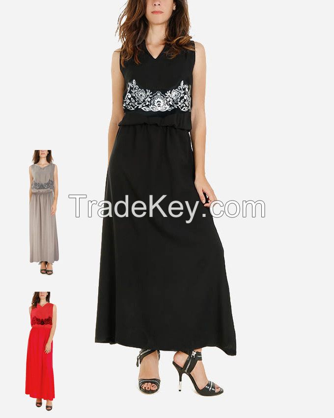 S16DR11-Vector PrintViscose/Cotton Sleeveless Maxi Dress