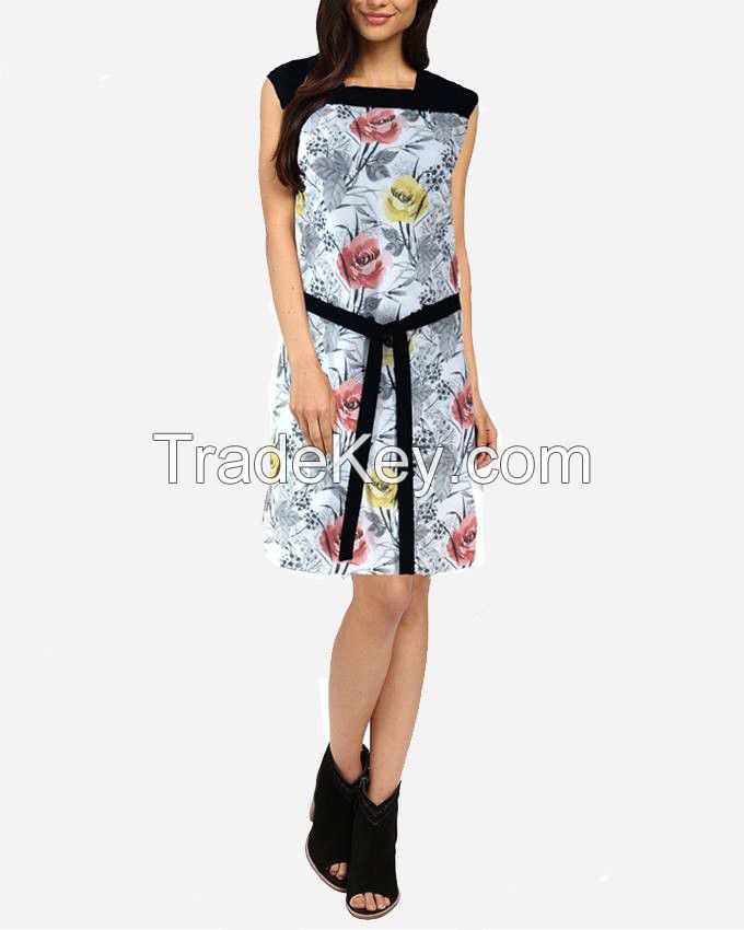 S16DR19- Pencil Floral Sleeveless Printed Shift Dress