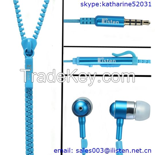 New fashion zipper earphone with mic and volume control FOR mobile phone