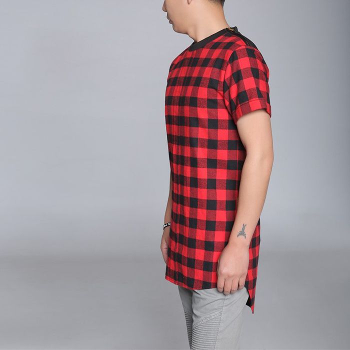 Hot sell new style men checked t-shirts with zipper details 