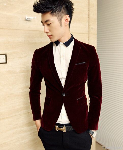 Fashion Casual Blazer Velvet Men's Clothing Suit Fashion Slim Wine Red