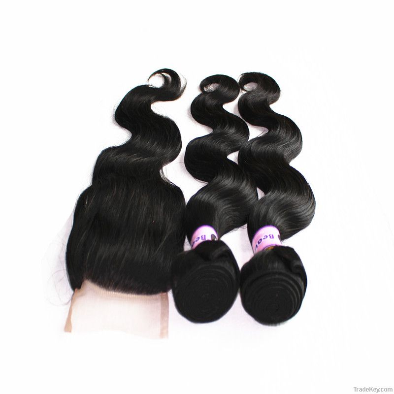 100% Virgin Hair Body Wave 1pc Lace Closure With 2 Bundles hair weave