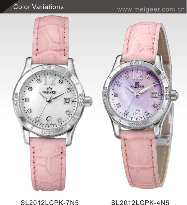 All Stainless Steel Beautiful Shell Surface Diamond Pink Leather Women Wrist Watch