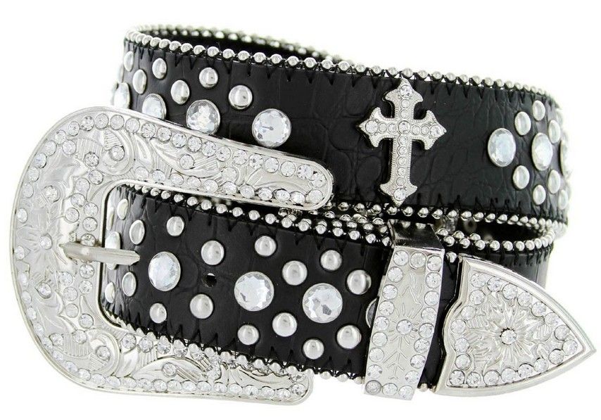 Fashion women black cross PU bling rhinestone belt