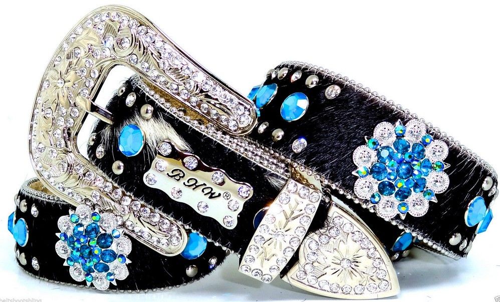 Fashion elegant black horse fur blue sunflower bordered bling rhinestone belt