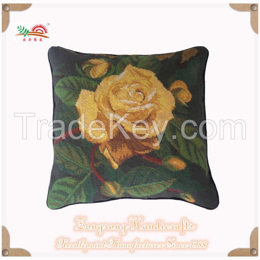  Beautiful Chinese Rose Flower Needlepoint Pillow