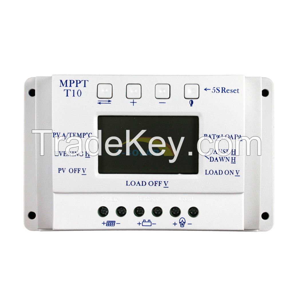 10A,Solar Charge Controller PWM charging mode,12V 24V auto switch solar panel controller dual timer and light control voltage settable T10