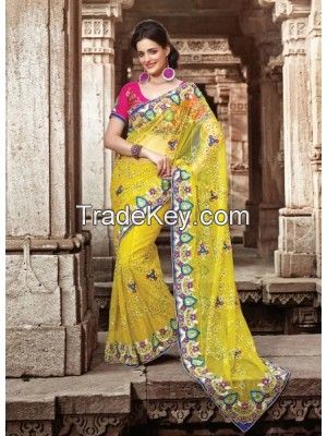 AESTHETIC YELLOW NET EMBROIDERED DESIGNER SAREE