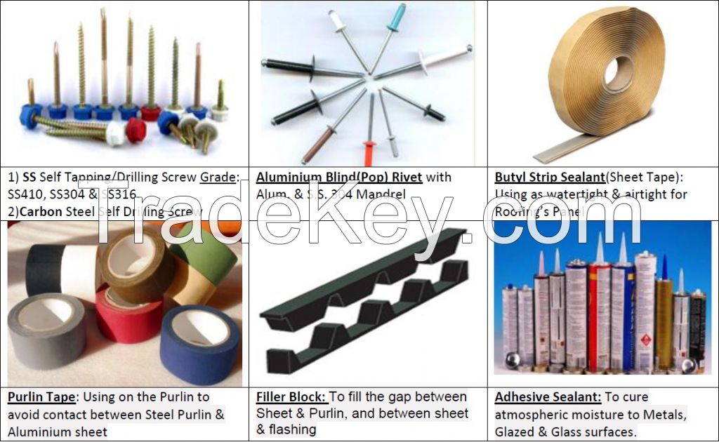 Roof, Wall & Cladding Accessories, SS Self Tapping/Drilling Screw Grade , Aluminium Blind(Pop) Rivet, Butyl Strip Sealant(Sheet Tape), Purlin Tape, Filler Block, Adhesive Sealant 