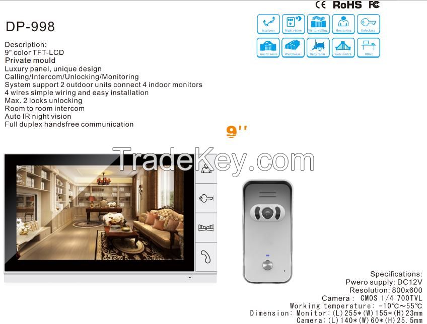 Video Intercom Systems, 9-inch Large Color TFT Screen, Room to Room Intercom + High Resolution