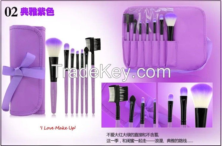 30sets/lot,High Quality 7pcs Facial Makeup Brush Set Kit with Logo Synthetic Hair Girls Cosmetics Brushes with PU Bags,5 Colors