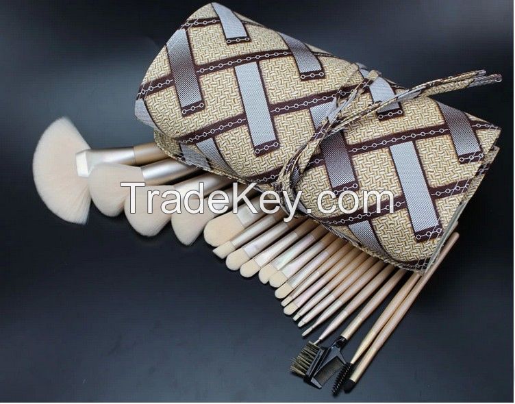 100sets/lot,High Quality 20pcs Facial Brushes Set Kit England Style Light Brown Cosmetics Brushes with Leather Bag