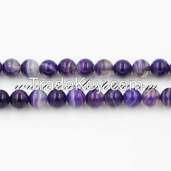 China Wholesale Purple Banded Agate Beads Polished Round 8 10 12mm