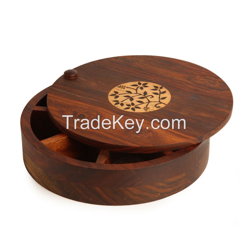 ExclusiveLane Sheesham Wood Spice Box With Floral Work