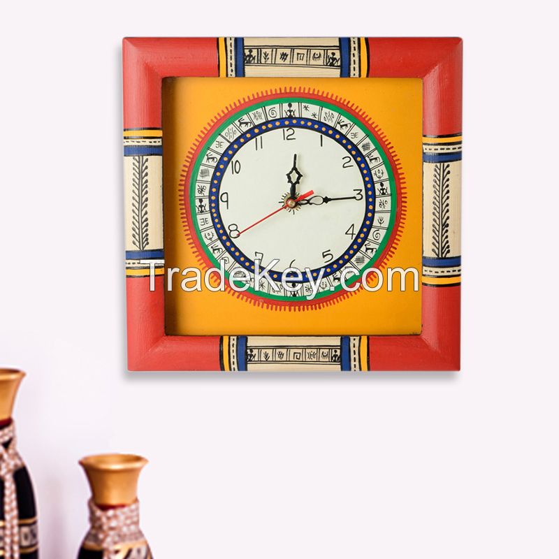 ExclusiveLane Warli Handpainted Clock 10*10 Inch Yellow