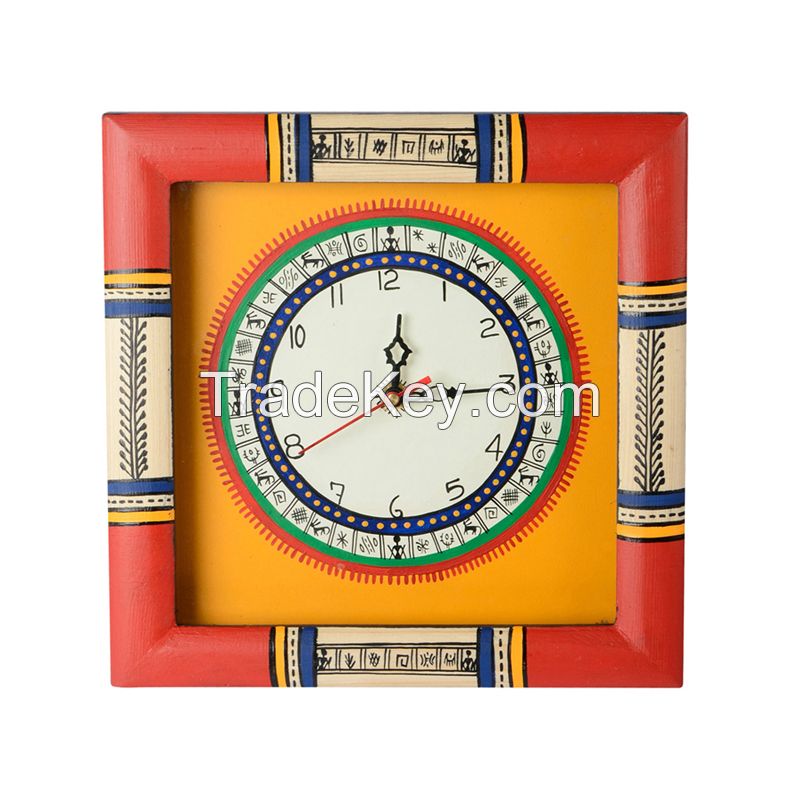 ExclusiveLane Warli Handpainted Clock 10*10 Inch Yellow