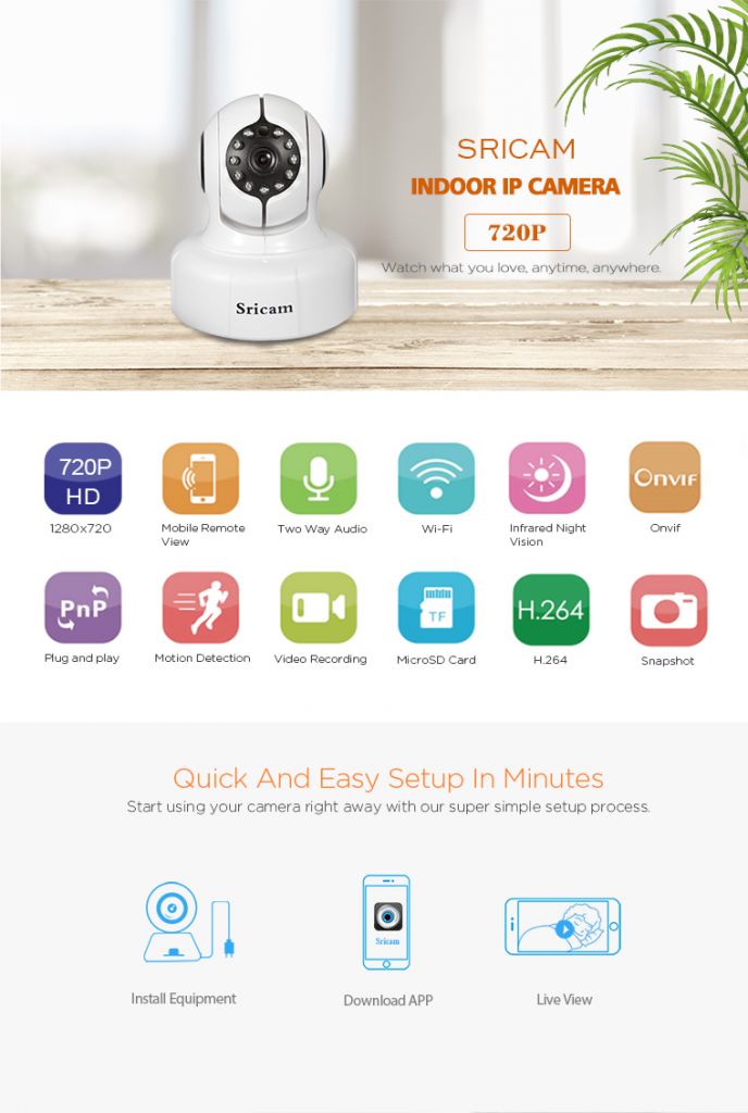 Sricam SP011 Wireless 720P HD P2P 128G MicroSD Card PTZ IP Camera