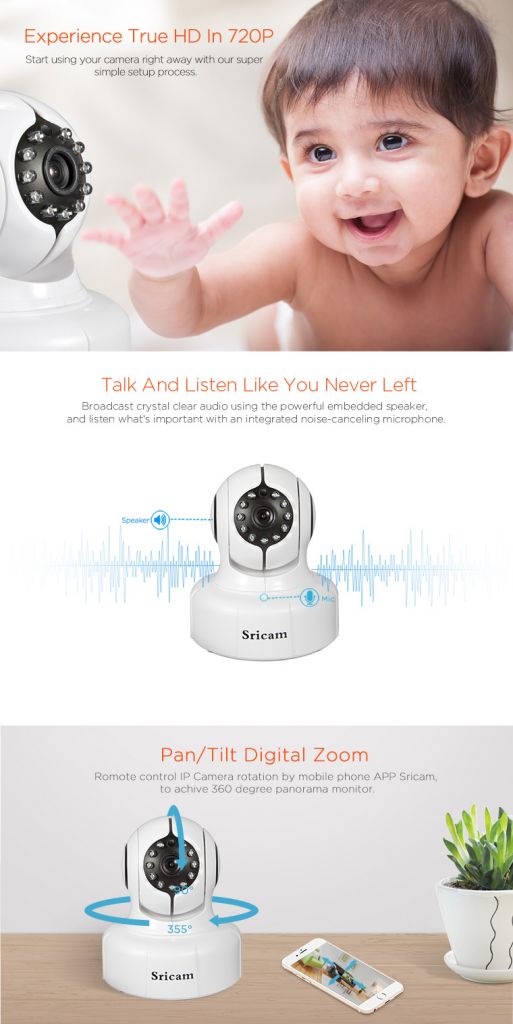 Sricam SP011 Wireless 720P HD P2P 128G MicroSD Card PTZ IP Camera