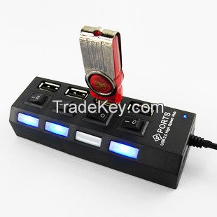 4-Port USB 2.0 Hub with Individual Power switches and LEDs.