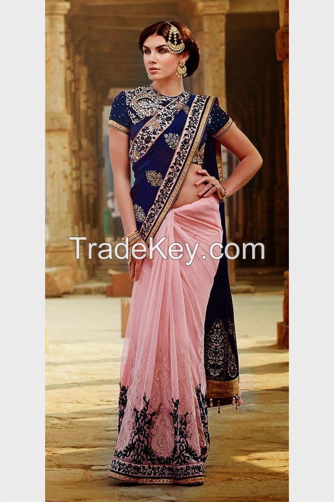 Dark Blue &amp; Pink Embroidered Designer Saree