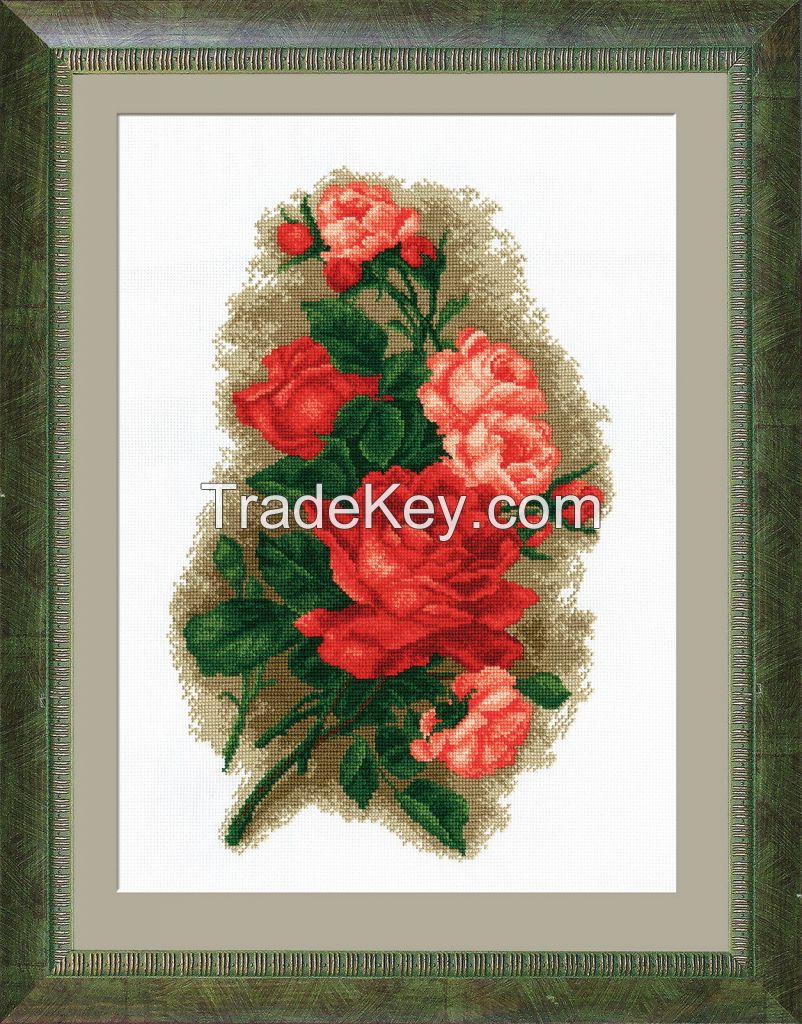 Red Roses - Cross Stitch Kit with Water Soluble Color Scheme Printed on Canvas