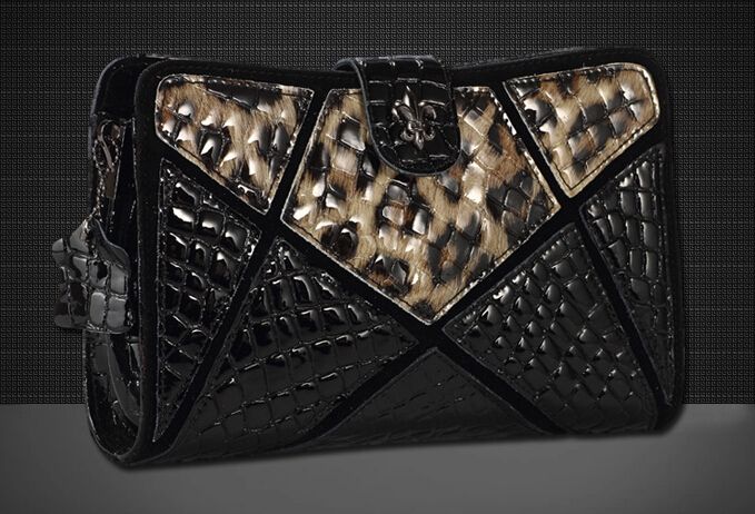 Women Leopard Leather Patchwork Clutch Evening Bag