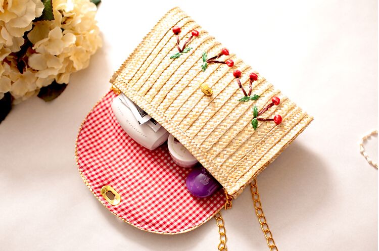 Summer Lady Small Chain Quilted Straw Shoulder Cross Body Bag