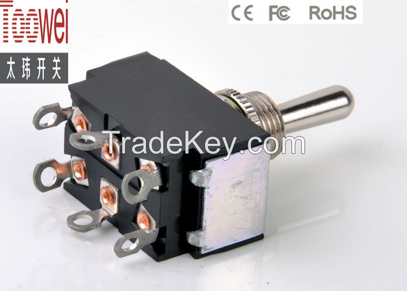 DPDT Toggle switch ON-OFF-ON latching 12mm 10A 250V T6023U