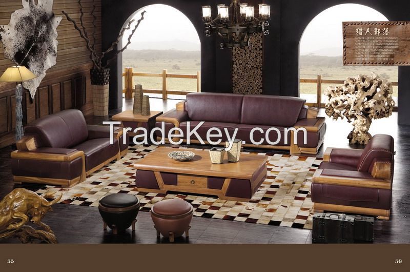 Luxury solid wood top grain leather sofa 