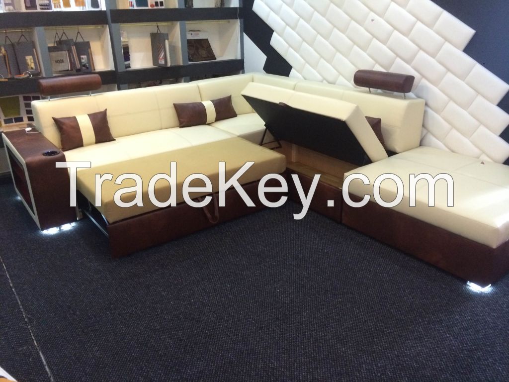 Corner Sofa Bed with Storage and Pouf and LED Shelving 