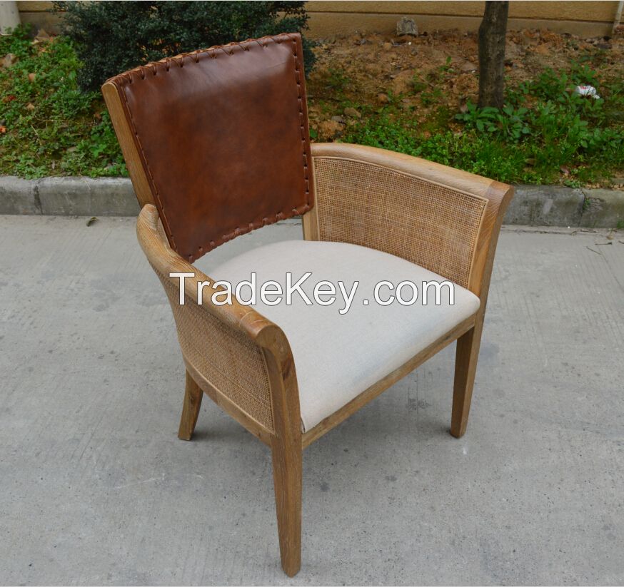 Comfortable rattan armrest french leather back solid wood dining chairs