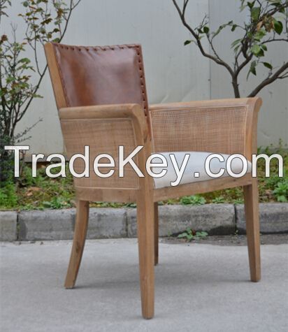 Comfortable rattan armrest french leather back solid wood dining chairs