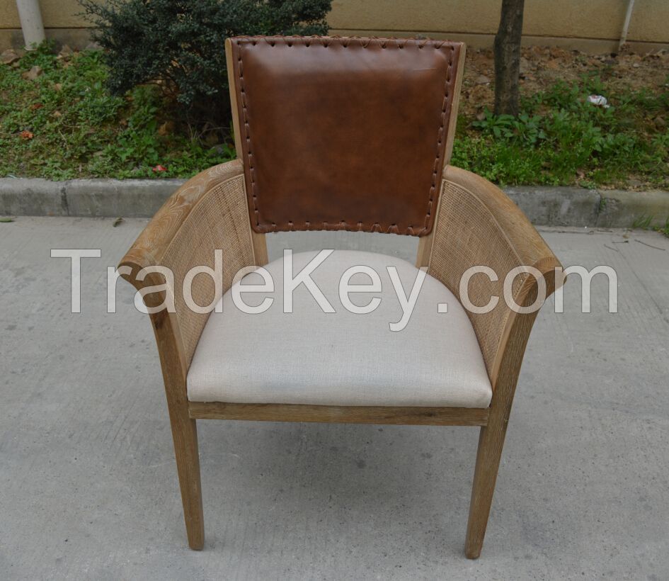 Comfortable rattan armrest french leather back solid wood dining chairs