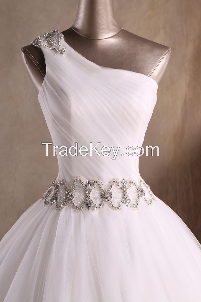 A Line One Shoulder Floor Length Tulle Beadings Wedding Dresses