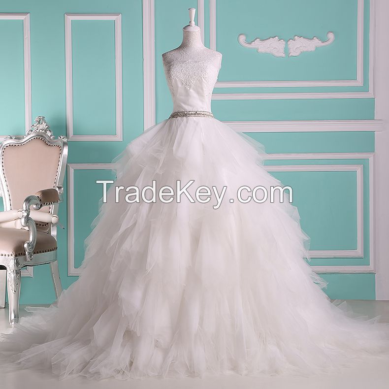 Ball Gown Strapless Floor Length Ruffle Tulle Wedding Dresses with Lce