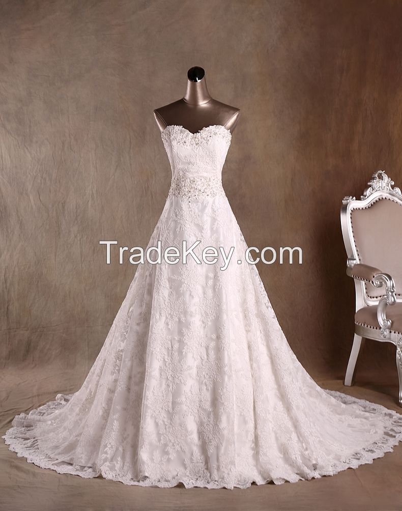 Elegant A Line Sweetheat Floor Length Lace Wedding Dresses with Beads