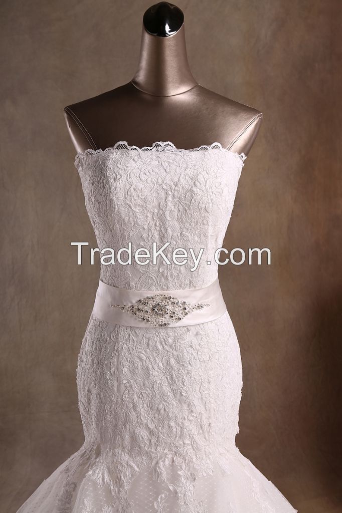 Elegant Mermaid Strapless Floor Length Lace Wedding Dresses with Beads