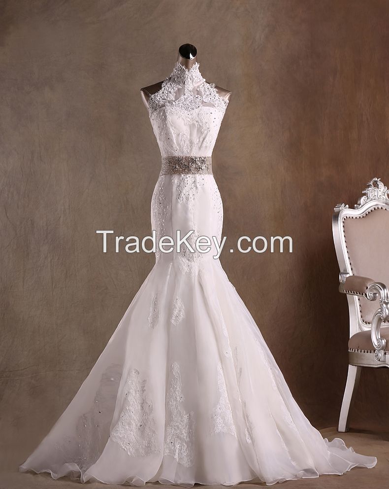 Elegant Mermaid High Neck Floor Length Lace Wedding Dresses with Beads