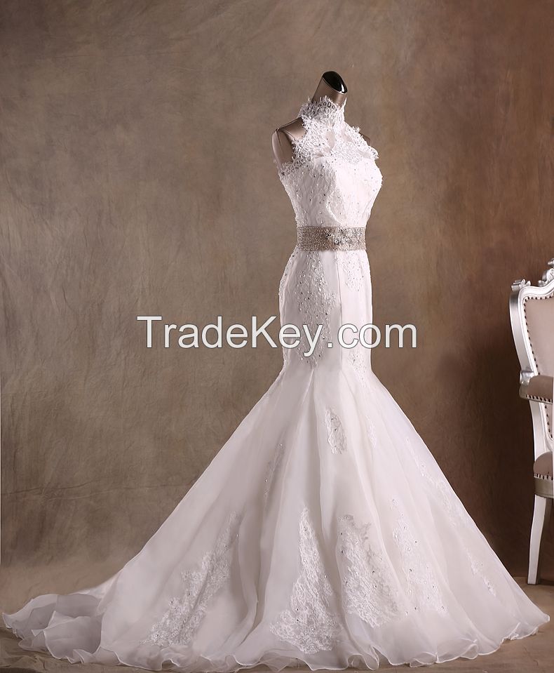 Elegant Mermaid High Neck Floor Length Lace Wedding Dresses with Beads