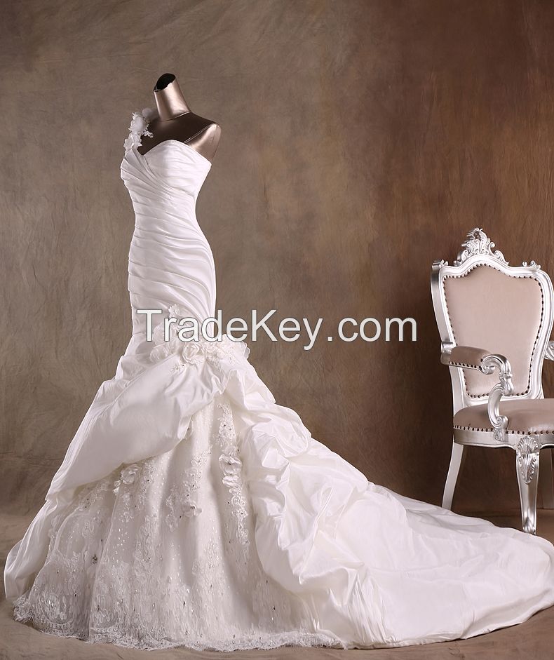 Elegant Mermaid One Shoulder Taffeta Wedding Dresses with Flowers