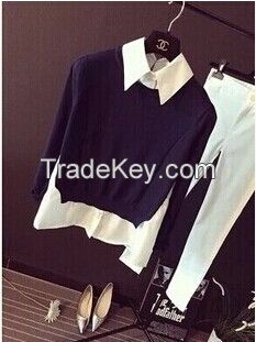 graceful women knitting blouses with polo neck long sleeve false two pieces shirt for women